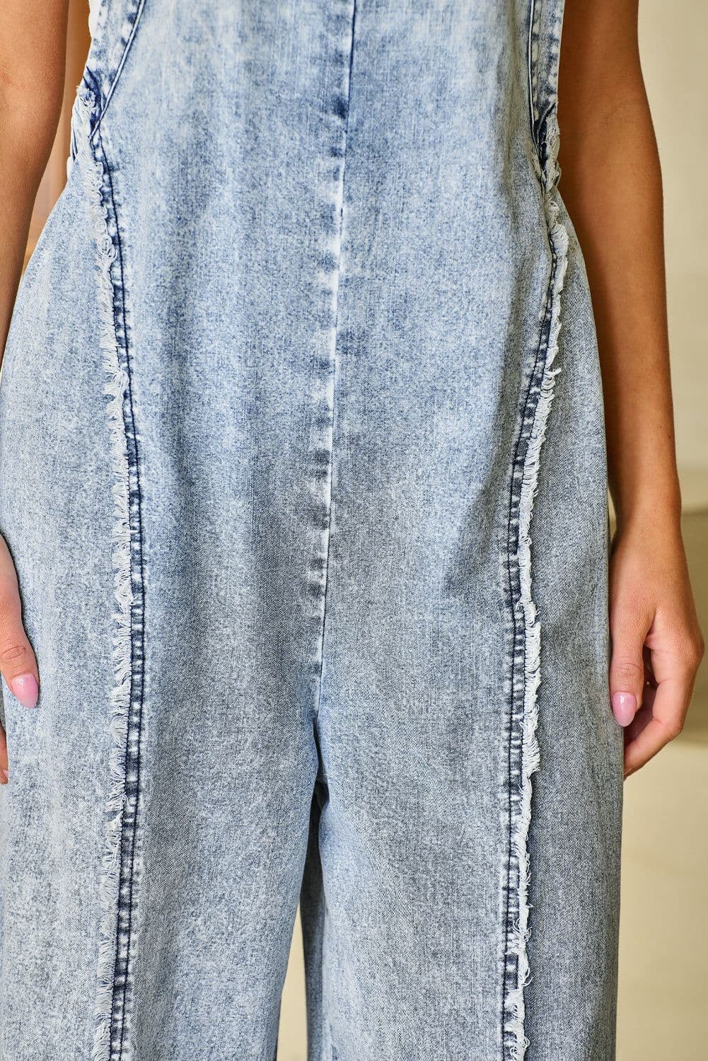 image-Beau Blue Light Wash Frayed Wide Leg Denim Overall