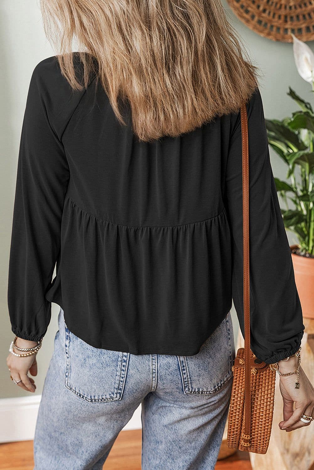 image-Black Smocked Bust Buttoned Split V Neck Blouse