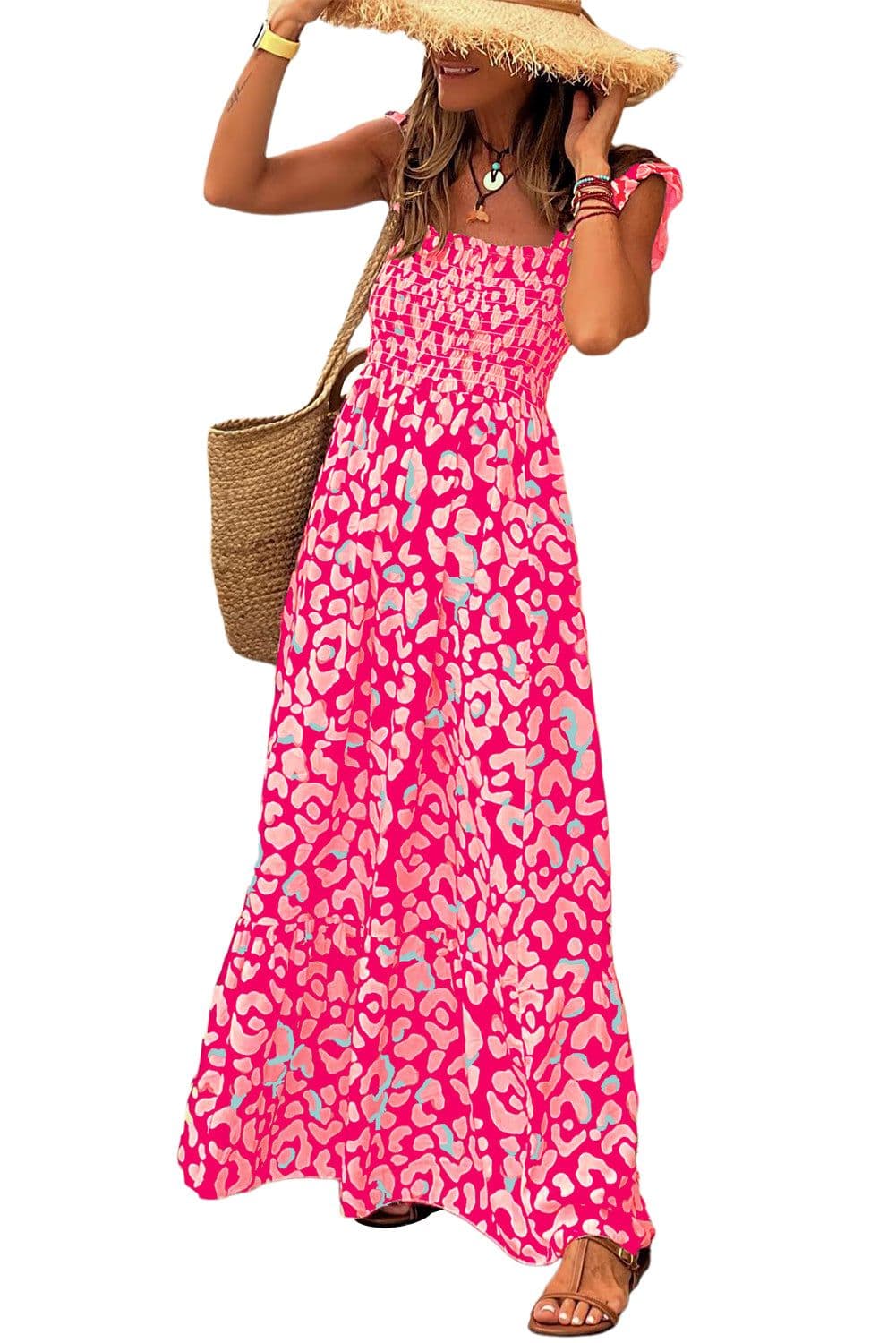 image-Pink Leopard Ruffle Straps Smocked High Waist Long Dress