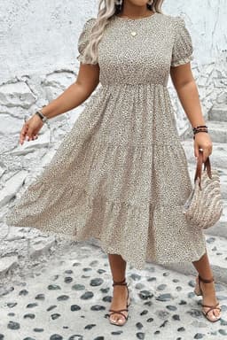 image-Leopard Print Frill Trim Flared Dress - Beige Plus Size