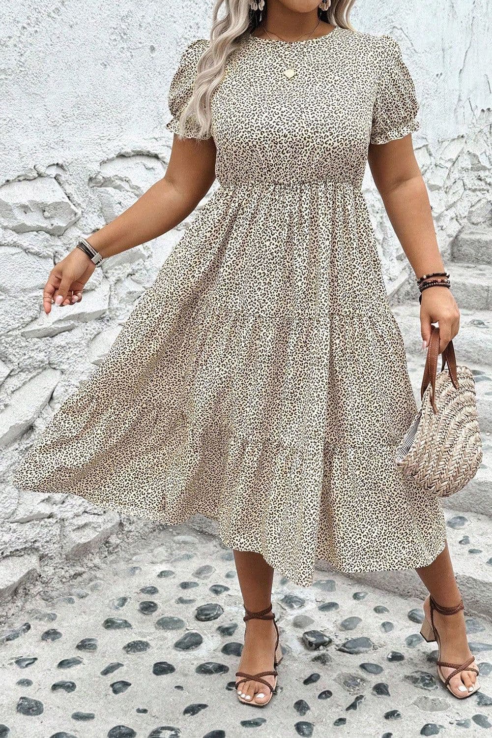 image-Leopard Print Frill Trim Flared Dress - Beige Plus Size