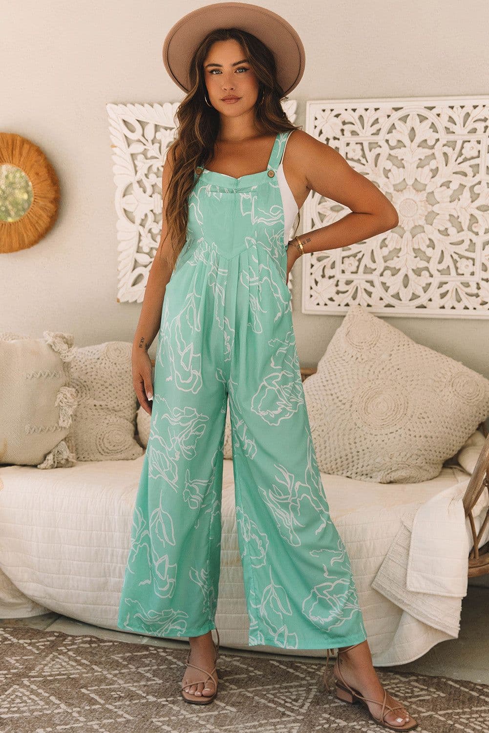image-Chic Jade Printed Bib Wide Leg Overalls - Comfortable & Stylish (65 characters)