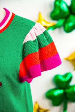 image-Bright Green Striped Flutter Sleeve Sweater
