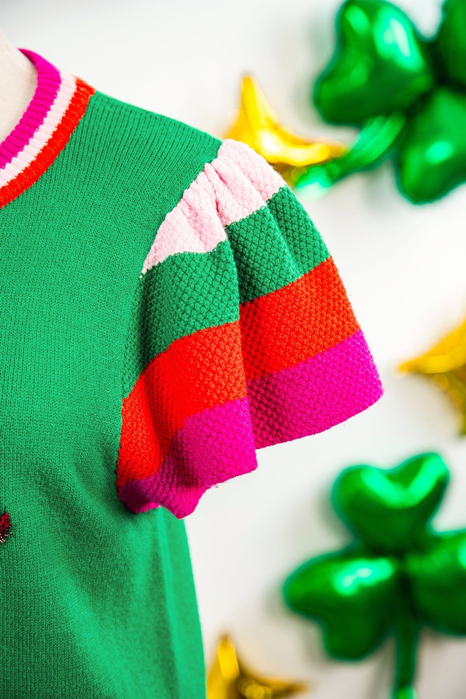 image-Bright Green Striped Flutter Sleeve Sweater