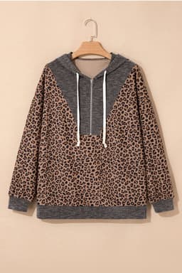 image-Khaki Ribbed Leopard Print Zip Hooded Sweatshirt