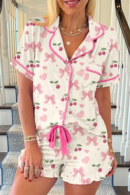 image-Beige Floral Print Contrast Pipping Short Pajamas Set