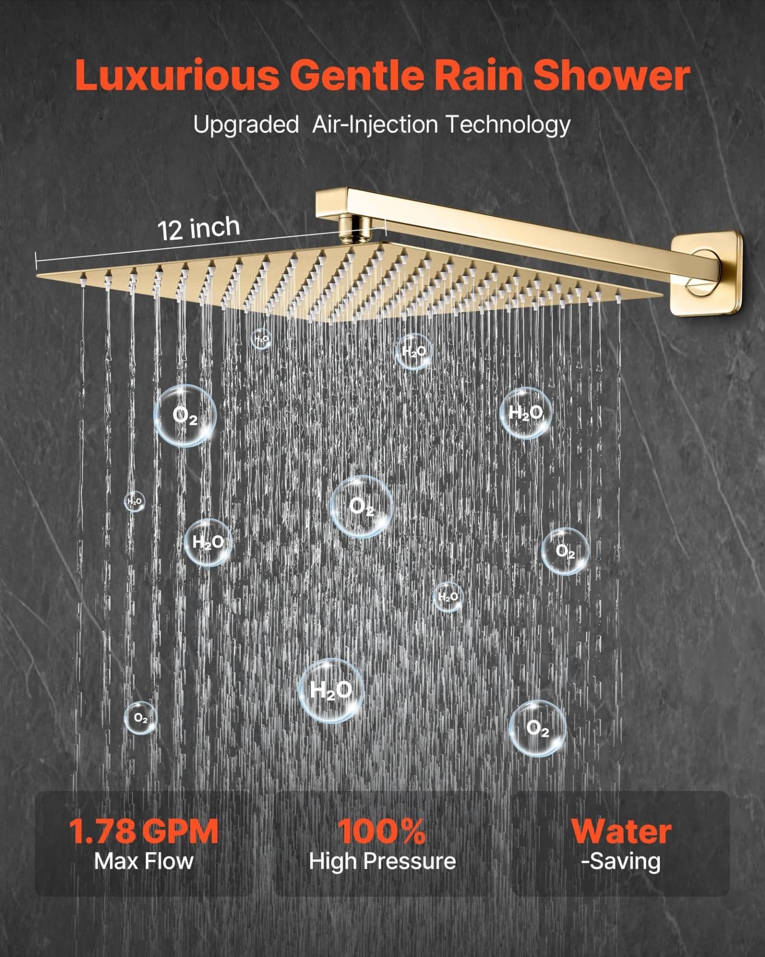 image-VEVOR Shower Faucet Set, Rainfall Bathroom Shower System with 12-Inch Square Rain Shower Head and Handheld Spray, Wall Mounted Bath Fixtures with Brass Valve and Trim Kit, Brushed Gold