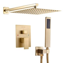 image-VEVOR Shower Faucet Set, Rainfall Bathroom Shower System with 12-Inch Square Rain Shower Head and Handheld Spray, Wall Mounted Bath Fixtures with Brass Valve and Trim Kit, Brushed Gold