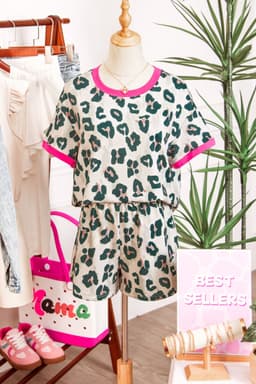 image-Brown Unique Leopard Print Contrast Trim Top Loose 2pcs Short Set