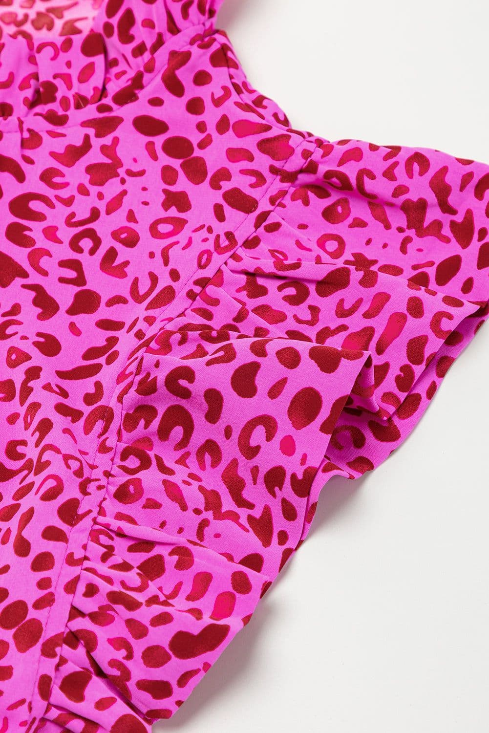 image-Leopard Print Ruffled Tiered Maxi Dress - Rose Red - Elegant Flutter Sleeves