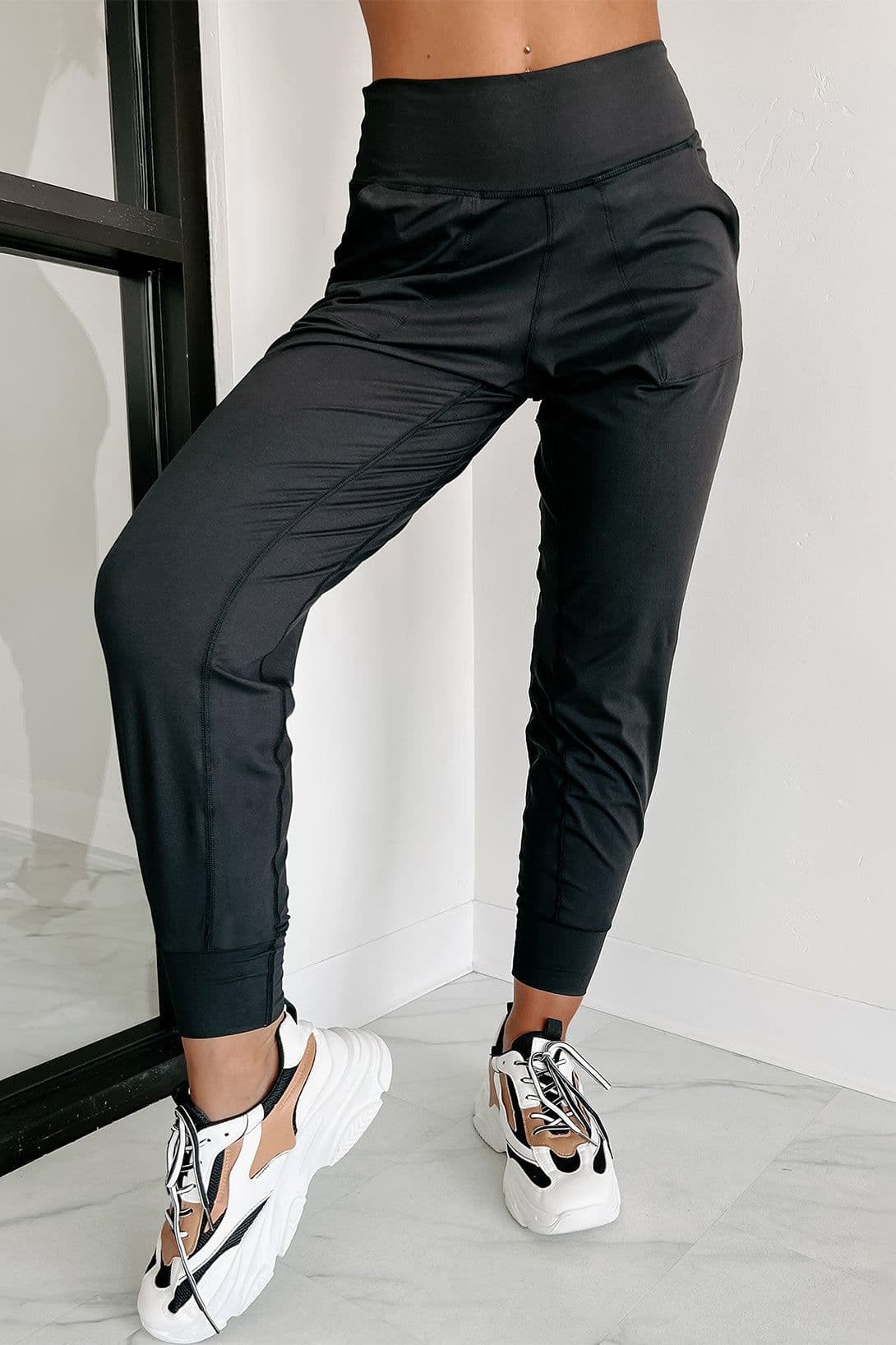 image-Black High Waist Joggers with Exposed Seam & Pockets