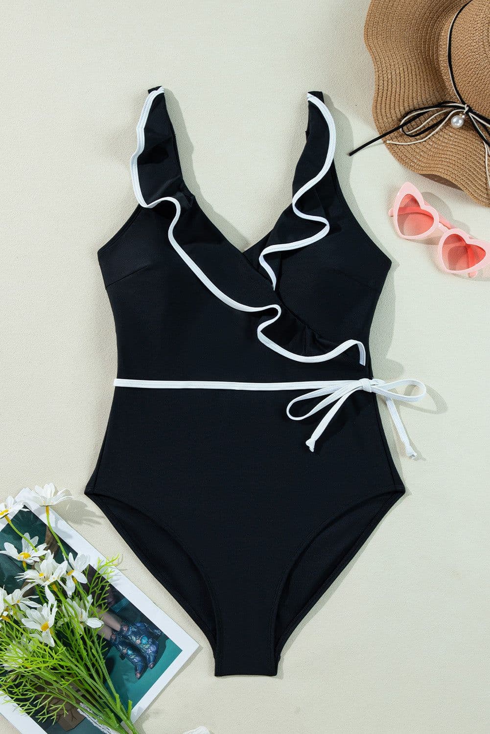 image-Black Ruffled Wrap V-Neck Swimsuit Contrast