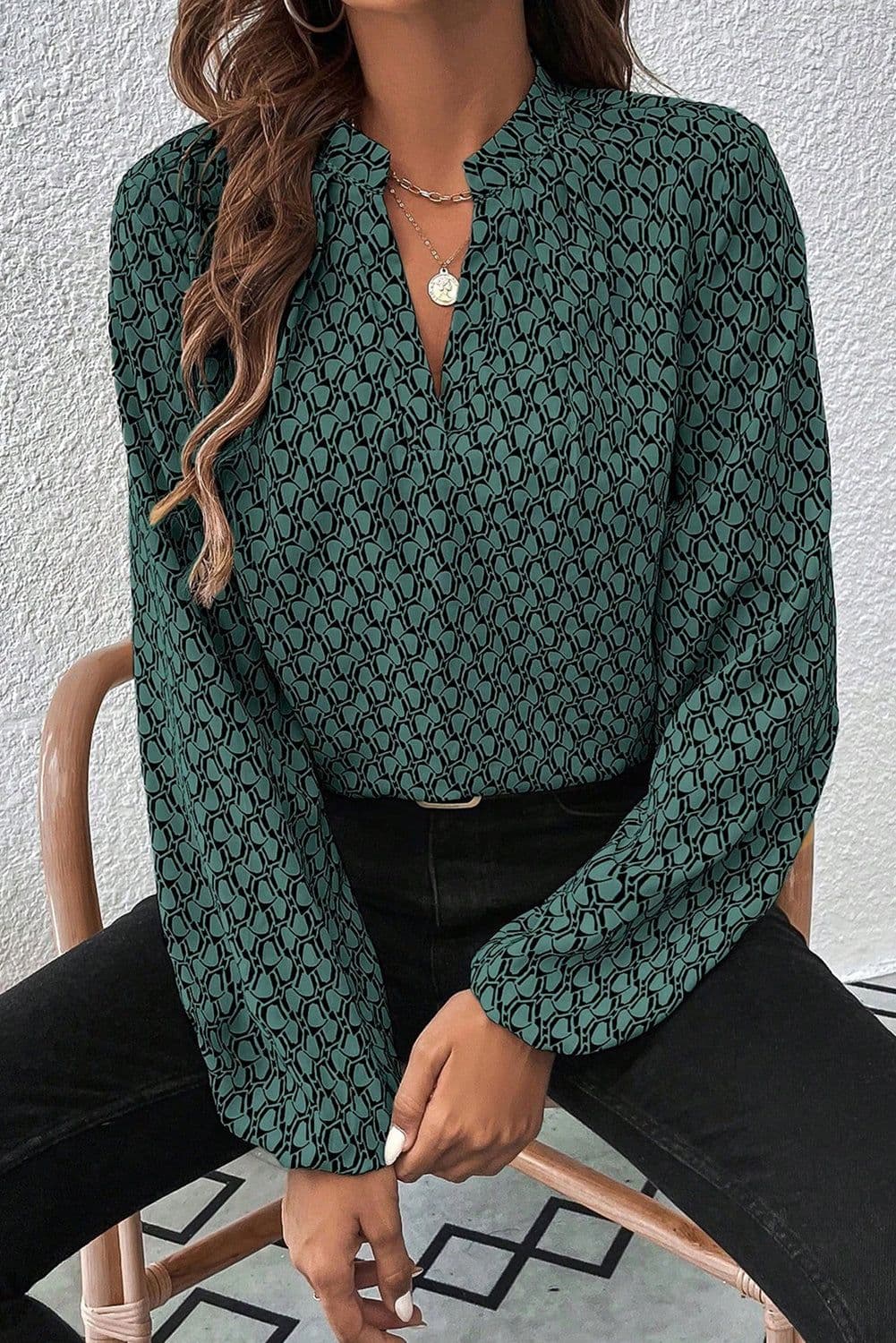 image-Geometric Print Notched Neck Puff Sleeve Blouse - Khaki