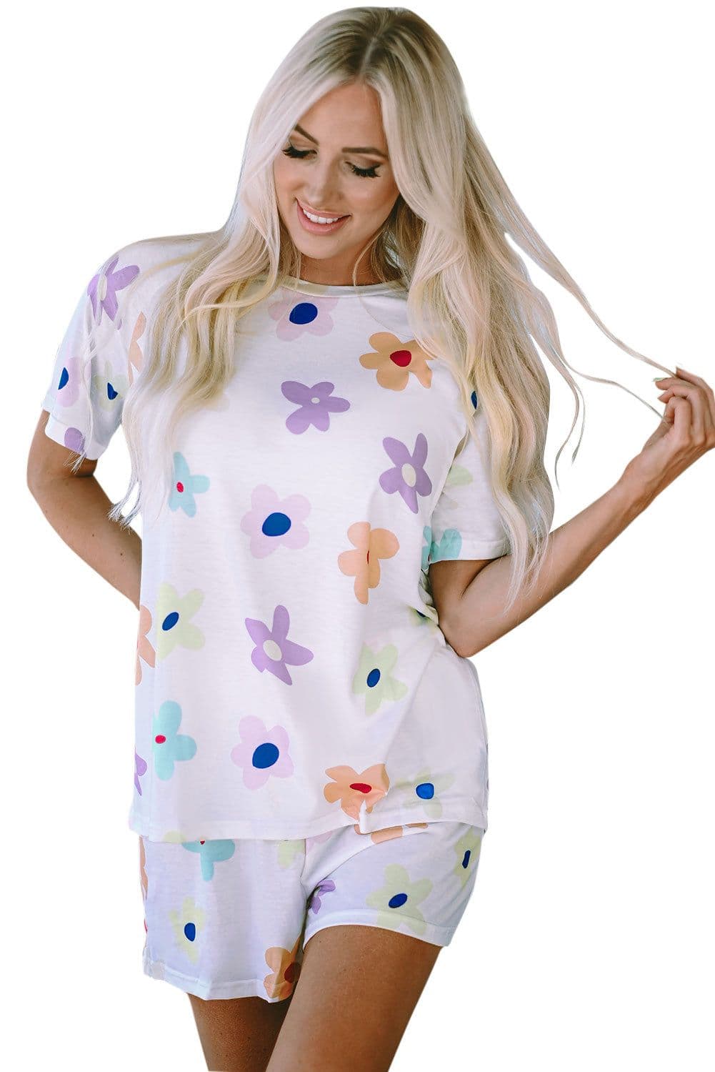 image-Pink Flower Print Short Sleeve High Waist Two Piece Shorts Set