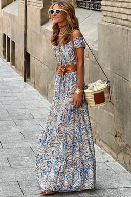 image-Blue Boho Paisley Print Off Shoulder Maxi Dress