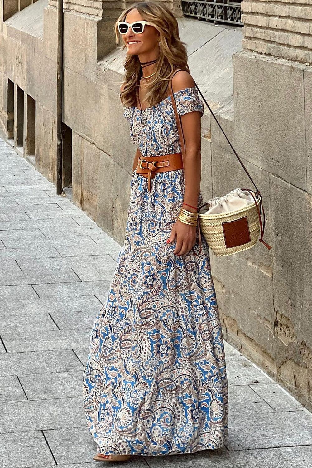 image-Blue Boho Paisley Print Off Shoulder Maxi Dress