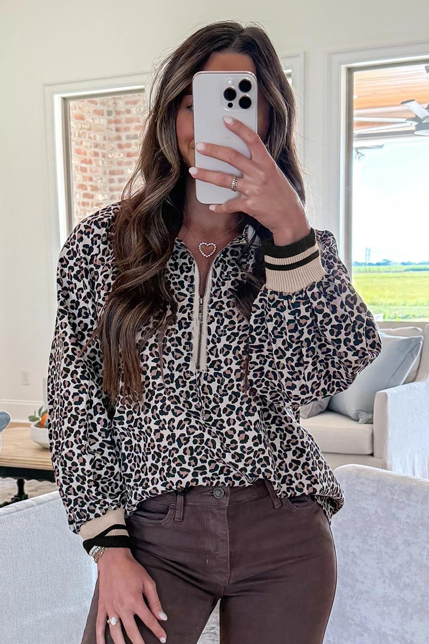 image-Khaki Leopard Print Half Zip Blouse