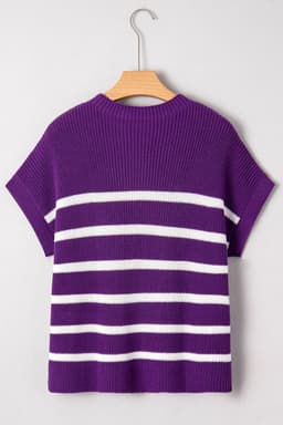 image-Purple Stripe Knit Sweater - Short Sleeve Raw Edge