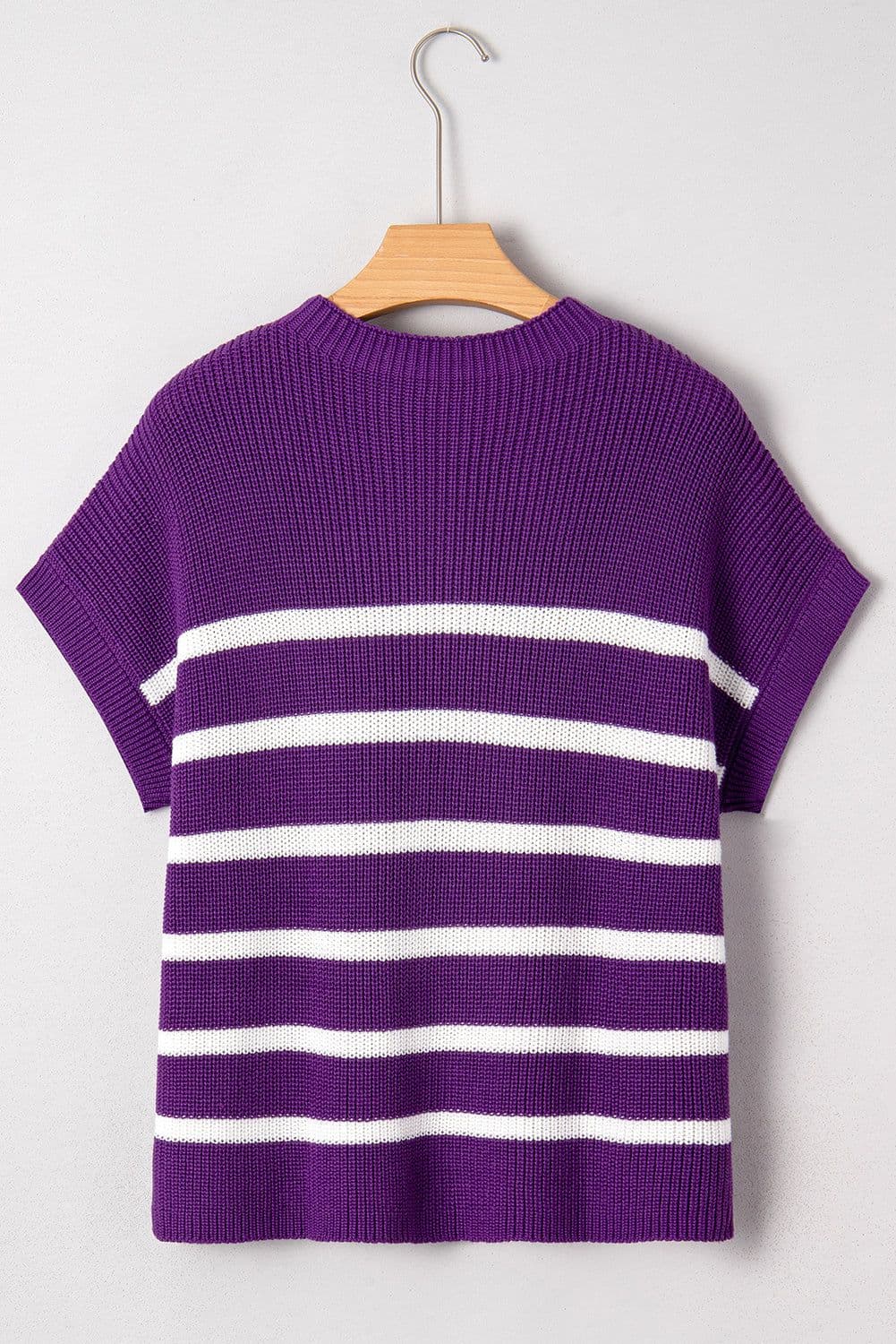 image-Purple Stripe Knit Sweater - Short Sleeve Raw Edge