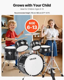 image-VEVOR Kids Drum Set, 5-Piece 14 in Junior Drum Sets, Beginner Drums Set with Adjustable Throne, Cymbal & Two Pairs of Drumsticks, Musical Learning Drums Instruments Kit, for Children Ages 6-13(Black)