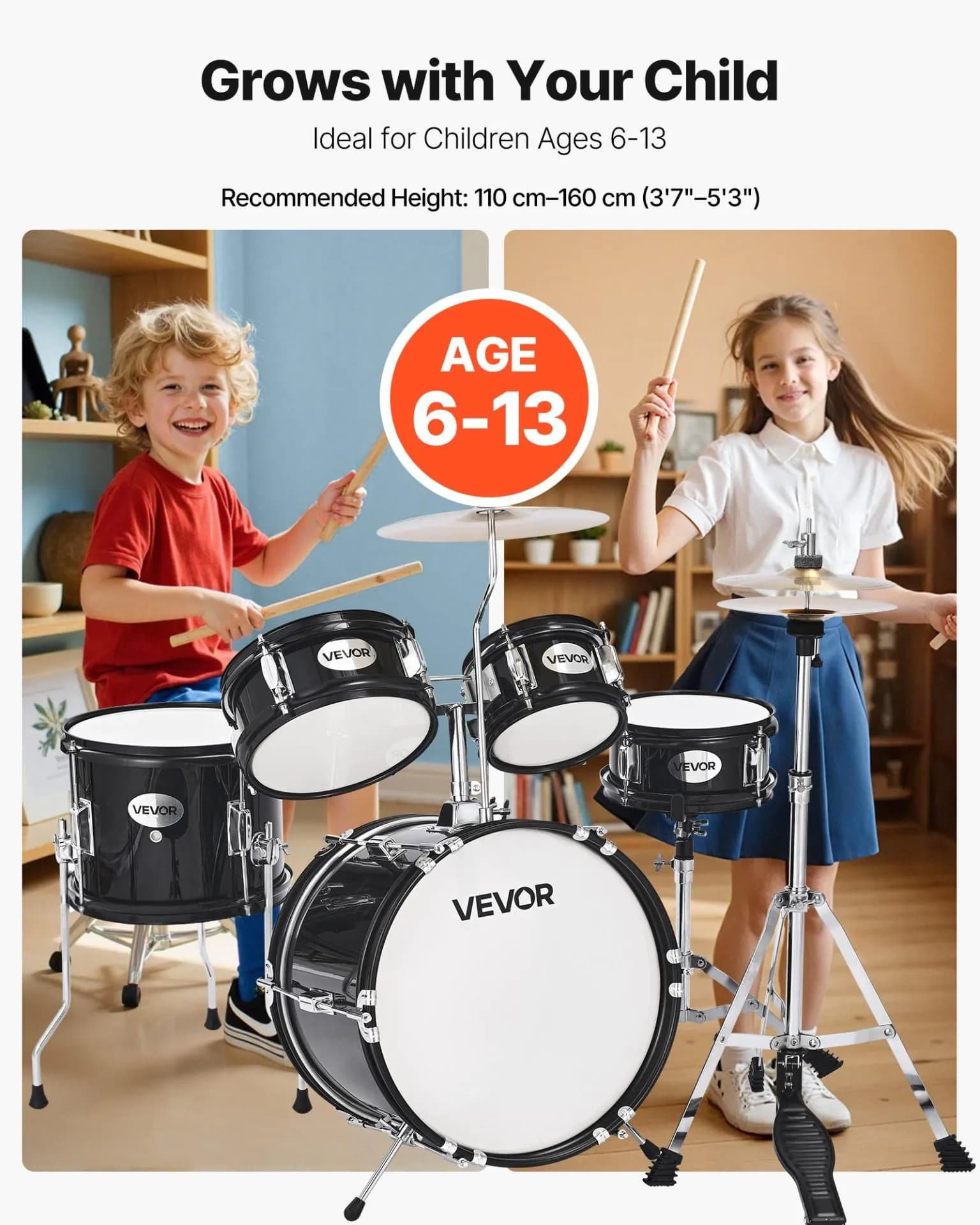 image-VEVOR Kids Drum Set, 5-Piece 14 in Junior Drum Sets, Beginner Drums Set with Adjustable Throne, Cymbal & Two Pairs of Drumsticks, Musical Learning Drums Instruments Kit, for Children Ages 6-13(Black)