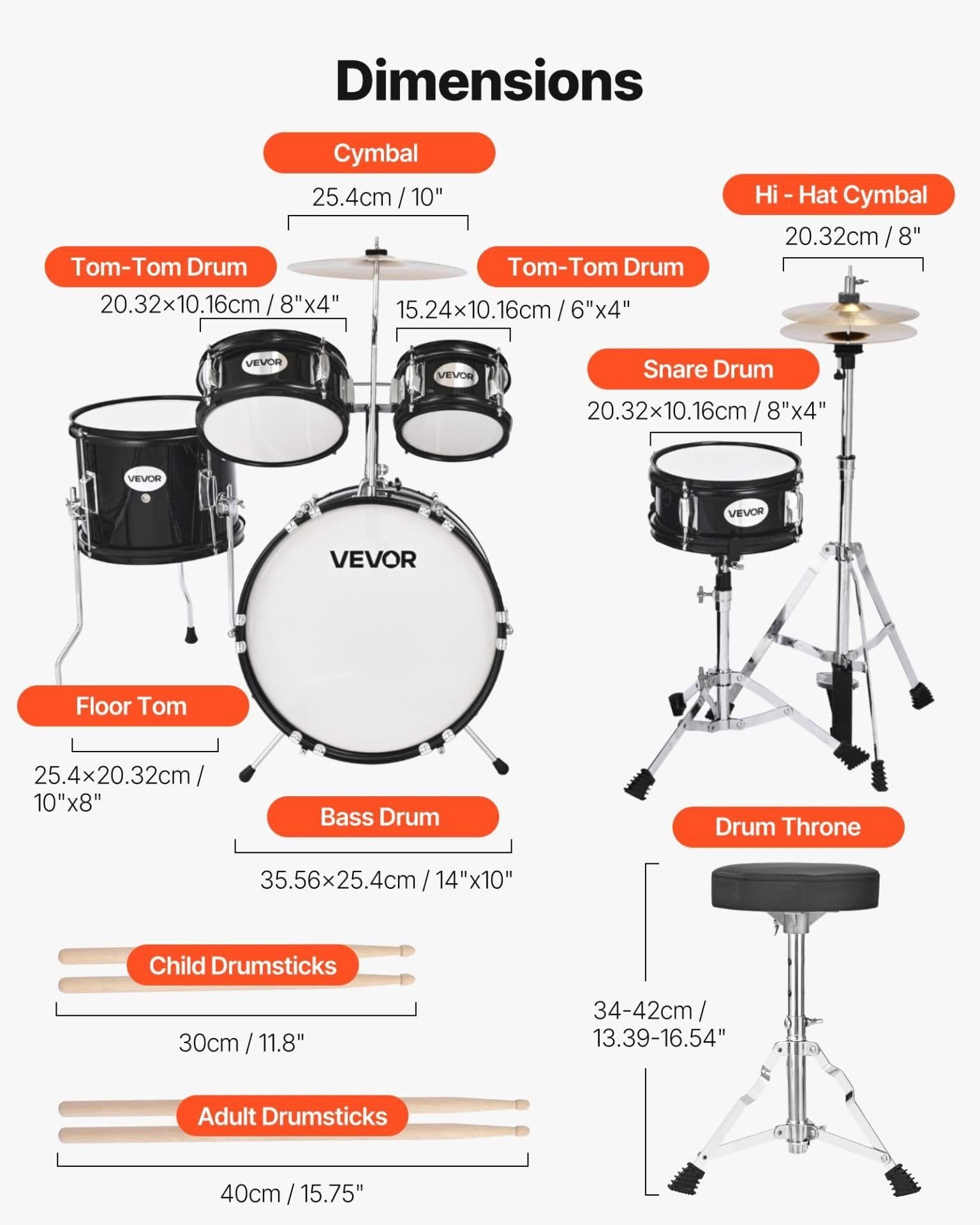 image-VEVOR Kids Drum Set, 5-Piece 14 in Junior Drum Sets, Beginner Drums Set with Adjustable Throne, Cymbal & Two Pairs of Drumsticks, Musical Learning Drums Instruments Kit, for Children Ages 6-13(Black)