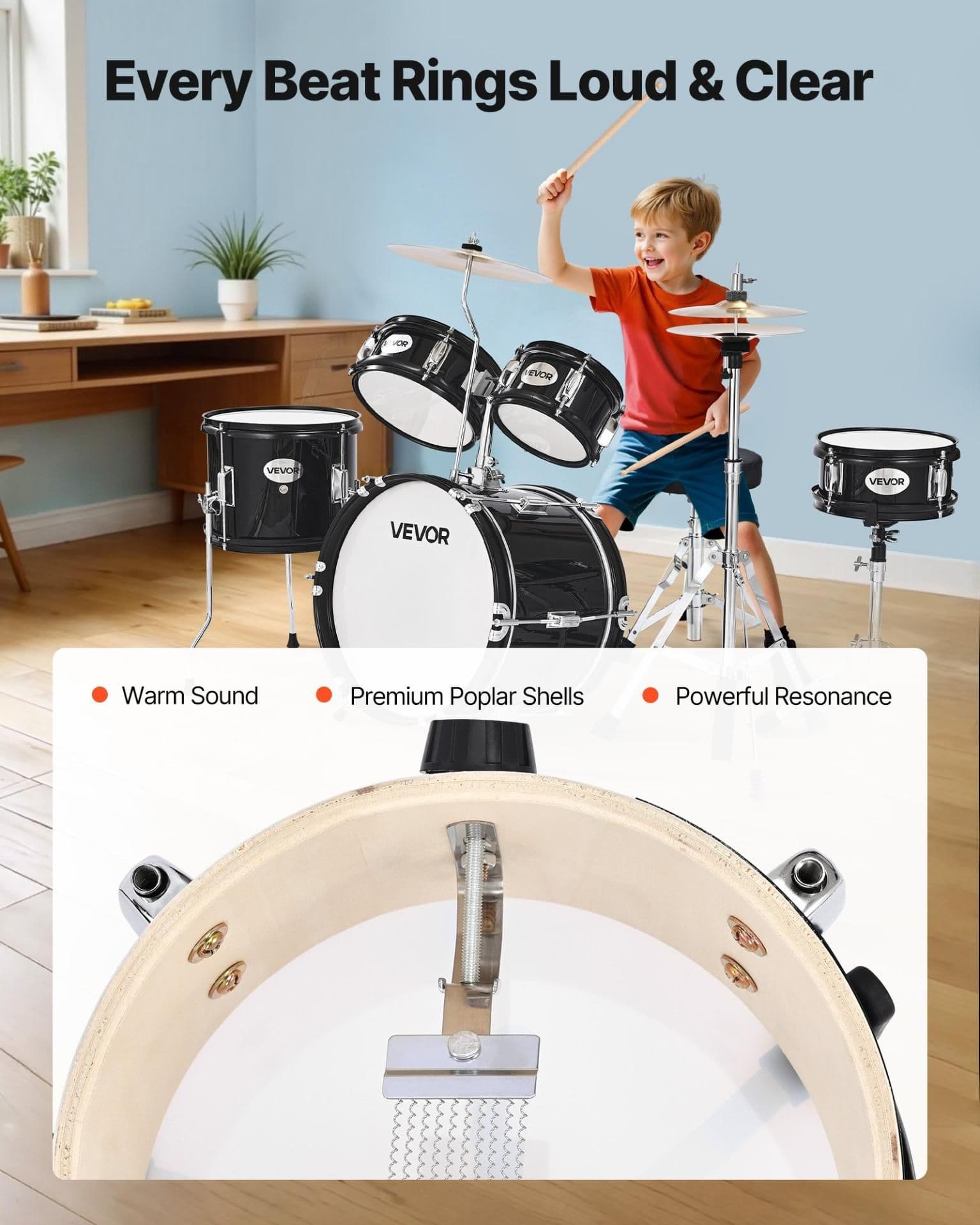 image-VEVOR Kids Drum Set, 5-Piece 14 in Junior Drum Sets, Beginner Drums Set with Adjustable Throne, Cymbal & Two Pairs of Drumsticks, Musical Learning Drums Instruments Kit, for Children Ages 6-13(Black)