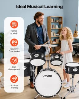 image-VEVOR Kids Drum Set, 5-Piece 14 in Junior Drum Sets, Beginner Drums Set with Adjustable Throne, Cymbal & Two Pairs of Drumsticks, Musical Learning Drums Instruments Kit, for Children Ages 6-13(Black)