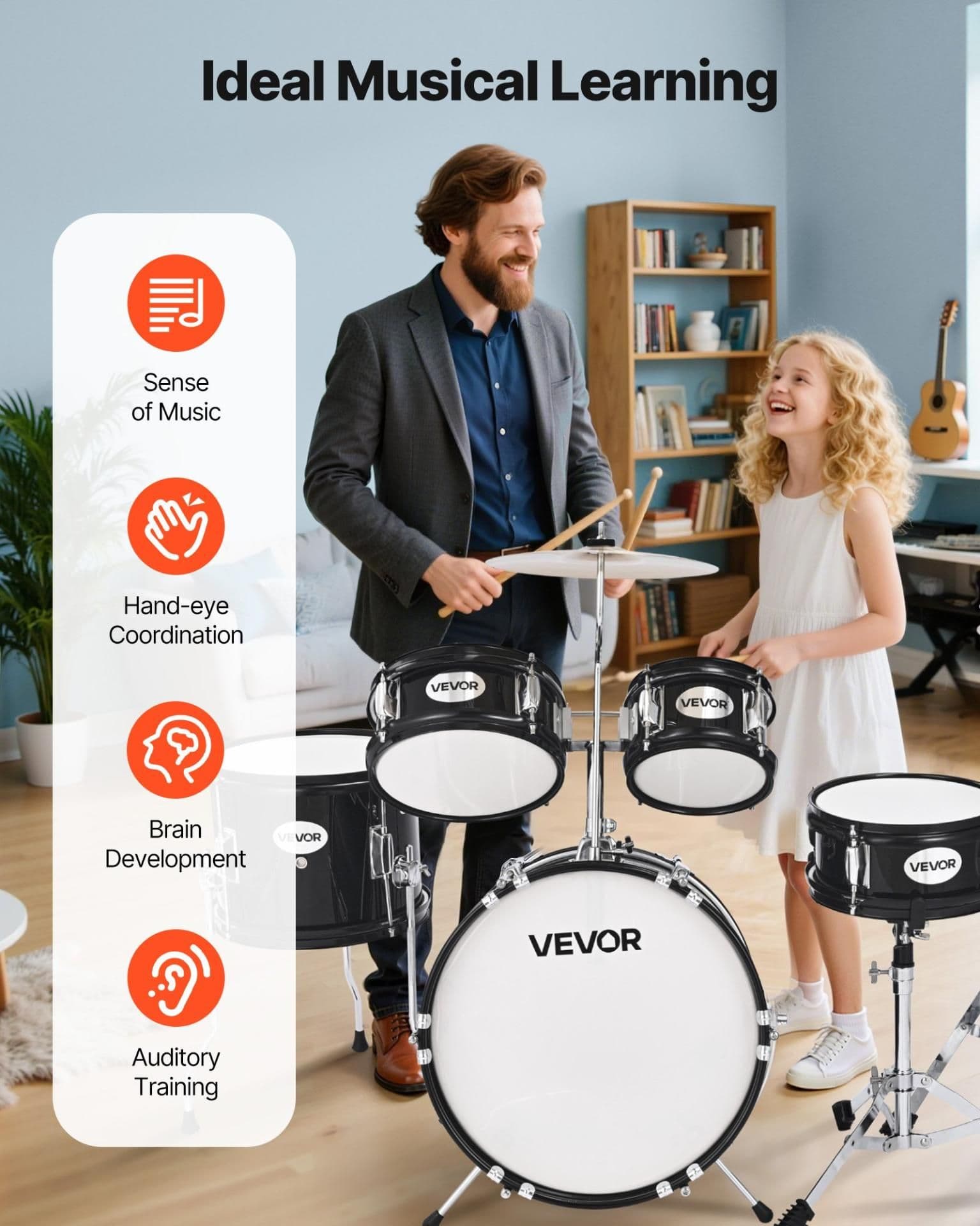 image-VEVOR Kids Drum Set, 5-Piece 14 in Junior Drum Sets, Beginner Drums Set with Adjustable Throne, Cymbal & Two Pairs of Drumsticks, Musical Learning Drums Instruments Kit, for Children Ages 6-13(Black)