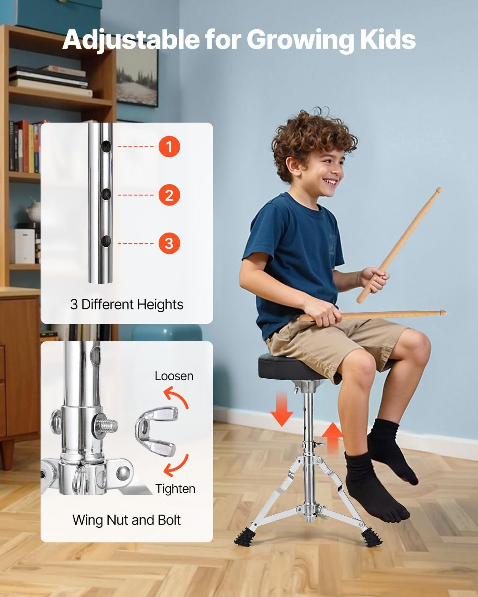image-VEVOR Kids Drum Set, 5-Piece 14 in Junior Drum Sets, Beginner Drums Set with Adjustable Throne, Cymbal & Two Pairs of Drumsticks, Musical Learning Drums Instruments Kit, for Children Ages 6-13(Black)