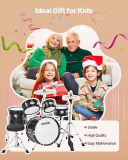 image-VEVOR Kids Drum Set, 5-Piece 14 in Junior Drum Sets, Beginner Drums Set with Adjustable Throne, Cymbal & Two Pairs of Drumsticks, Musical Learning Drums Instruments Kit, for Children Ages 6-13(Black)