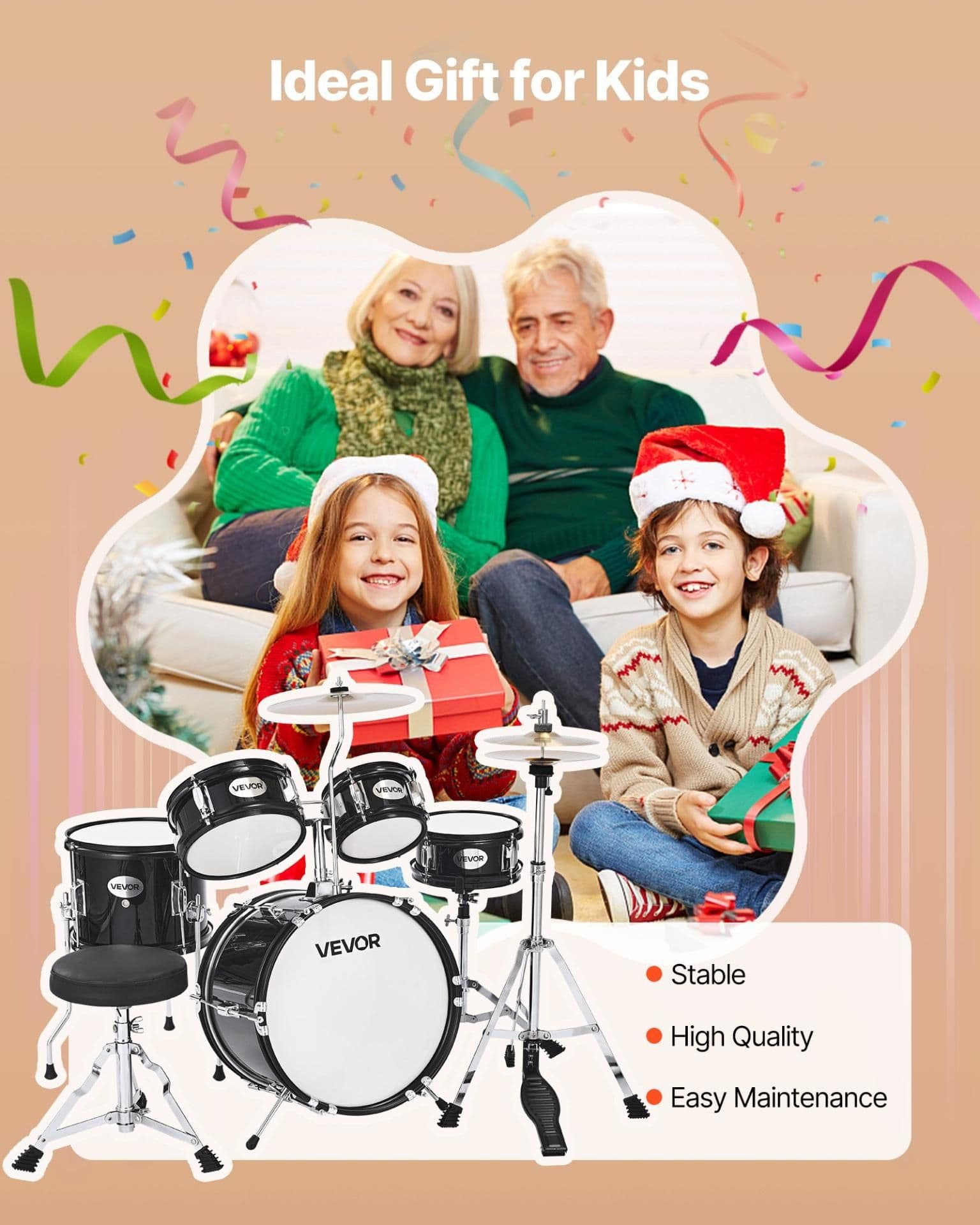 image-VEVOR Kids Drum Set, 5-Piece 14 in Junior Drum Sets, Beginner Drums Set with Adjustable Throne, Cymbal & Two Pairs of Drumsticks, Musical Learning Drums Instruments Kit, for Children Ages 6-13(Black)