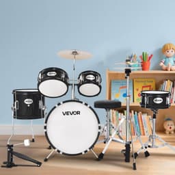 image-VEVOR Kids Drum Set, 5-Piece 14 in Junior Drum Sets, Beginner Drums Set with Adjustable Throne, Cymbal & Two Pairs of Drumsticks, Musical Learning Drums Instruments Kit, for Children Ages 6-13(Black)