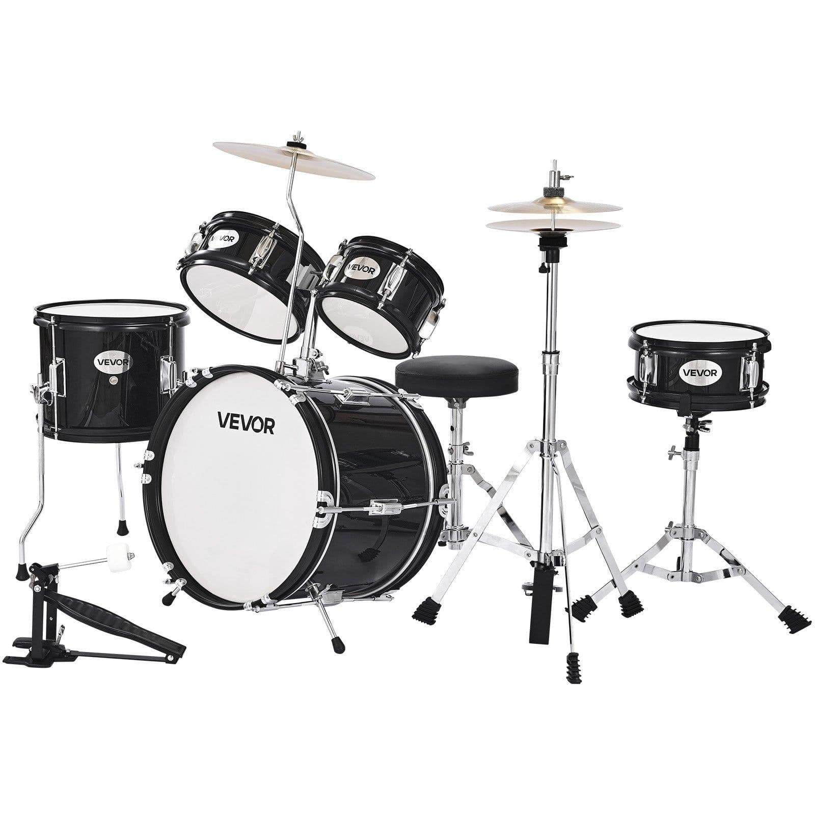 image-VEVOR Kids Drum Set, 5-Piece 14 in Junior Drum Sets, Beginner Drums Set with Adjustable Throne, Cymbal & Two Pairs of Drumsticks, Musical Learning Drums Instruments Kit, for Children Ages 6-13(Black)