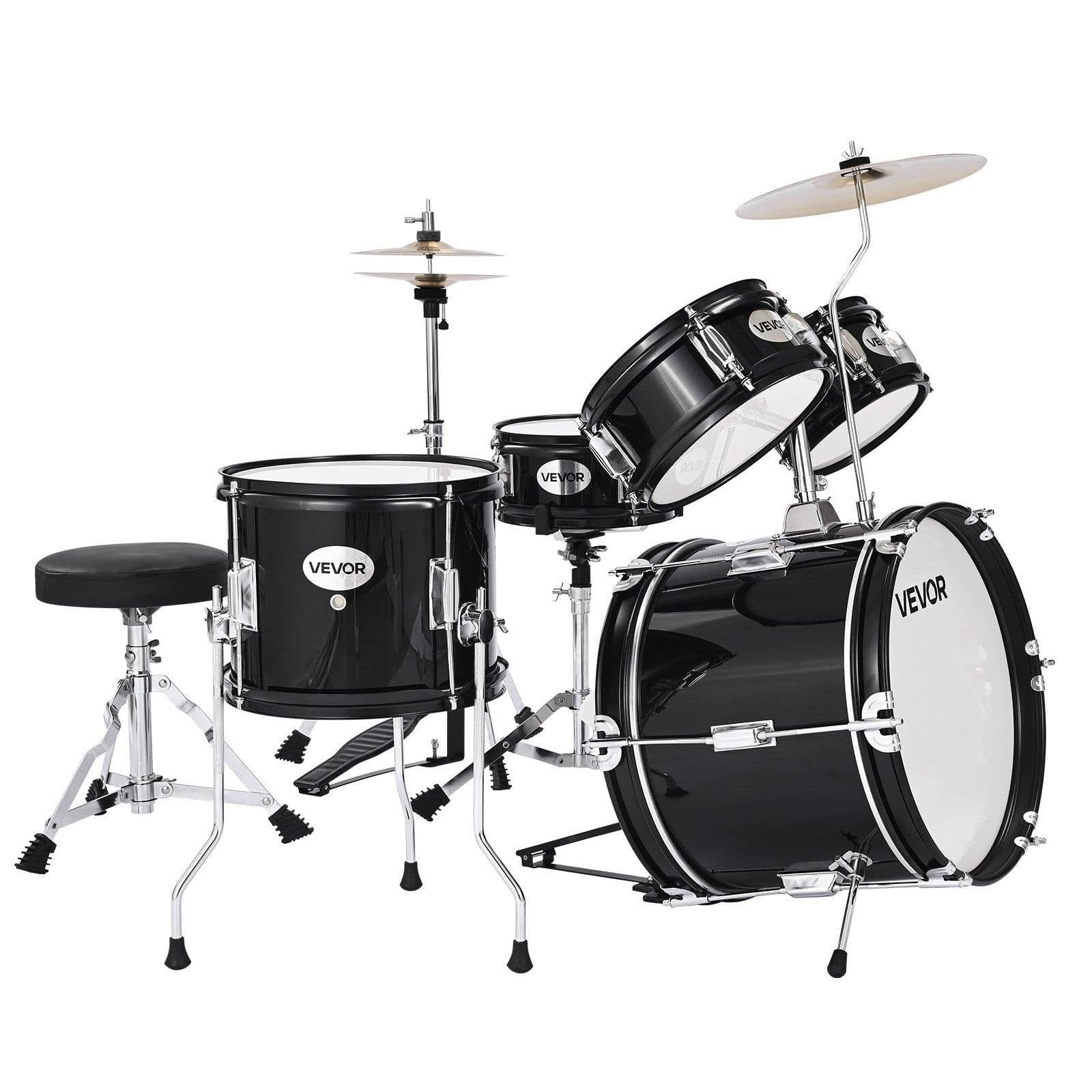 image-VEVOR Kids Drum Set, 5-Piece 14 in Junior Drum Sets, Beginner Drums Set with Adjustable Throne, Cymbal & Two Pairs of Drumsticks, Musical Learning Drums Instruments Kit, for Children Ages 6-13(Black)