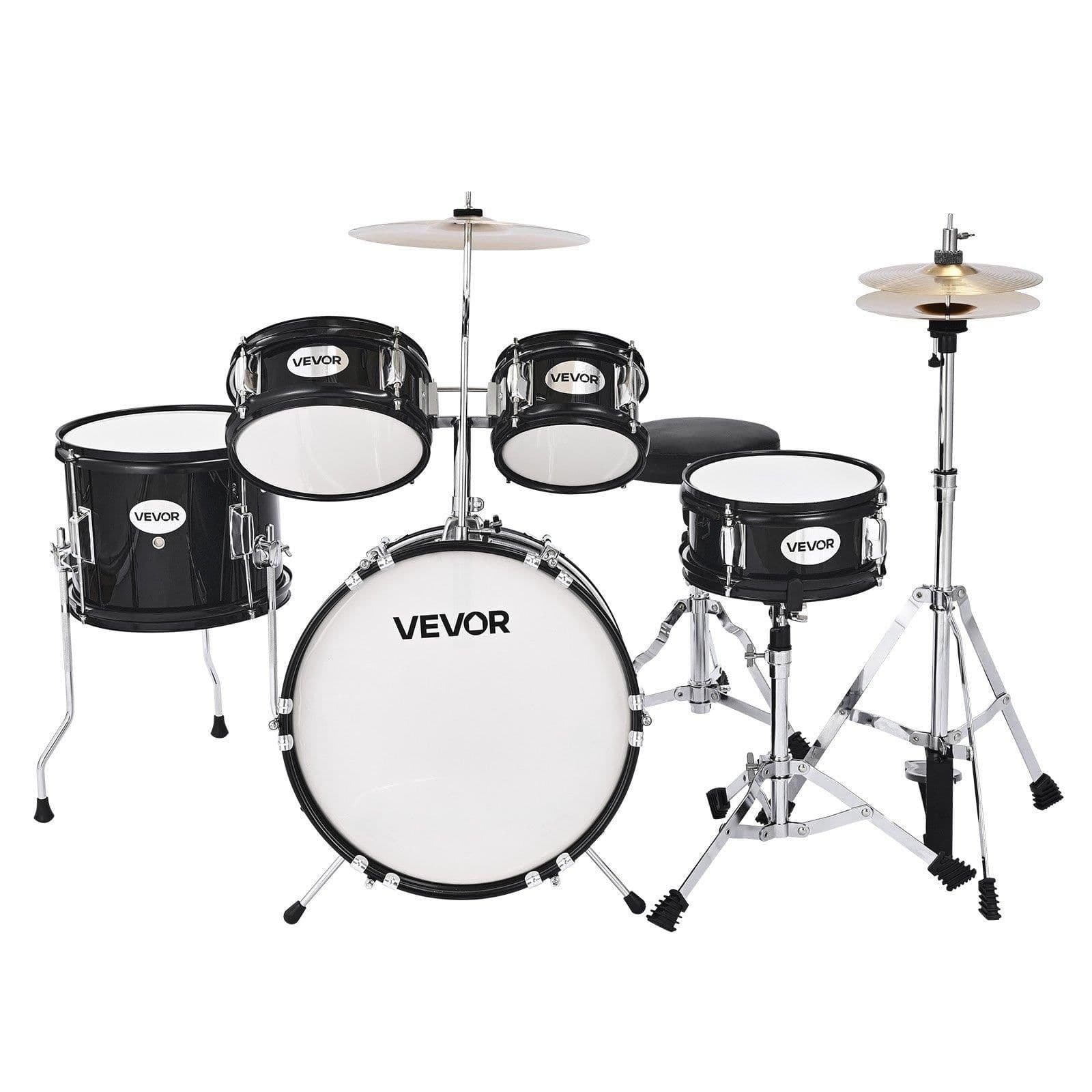 image-VEVOR Kids Drum Set, 5-Piece 14 in Junior Drum Sets, Beginner Drums Set with Adjustable Throne, Cymbal & Two Pairs of Drumsticks, Musical Learning Drums Instruments Kit, for Children Ages 6-13(Black)