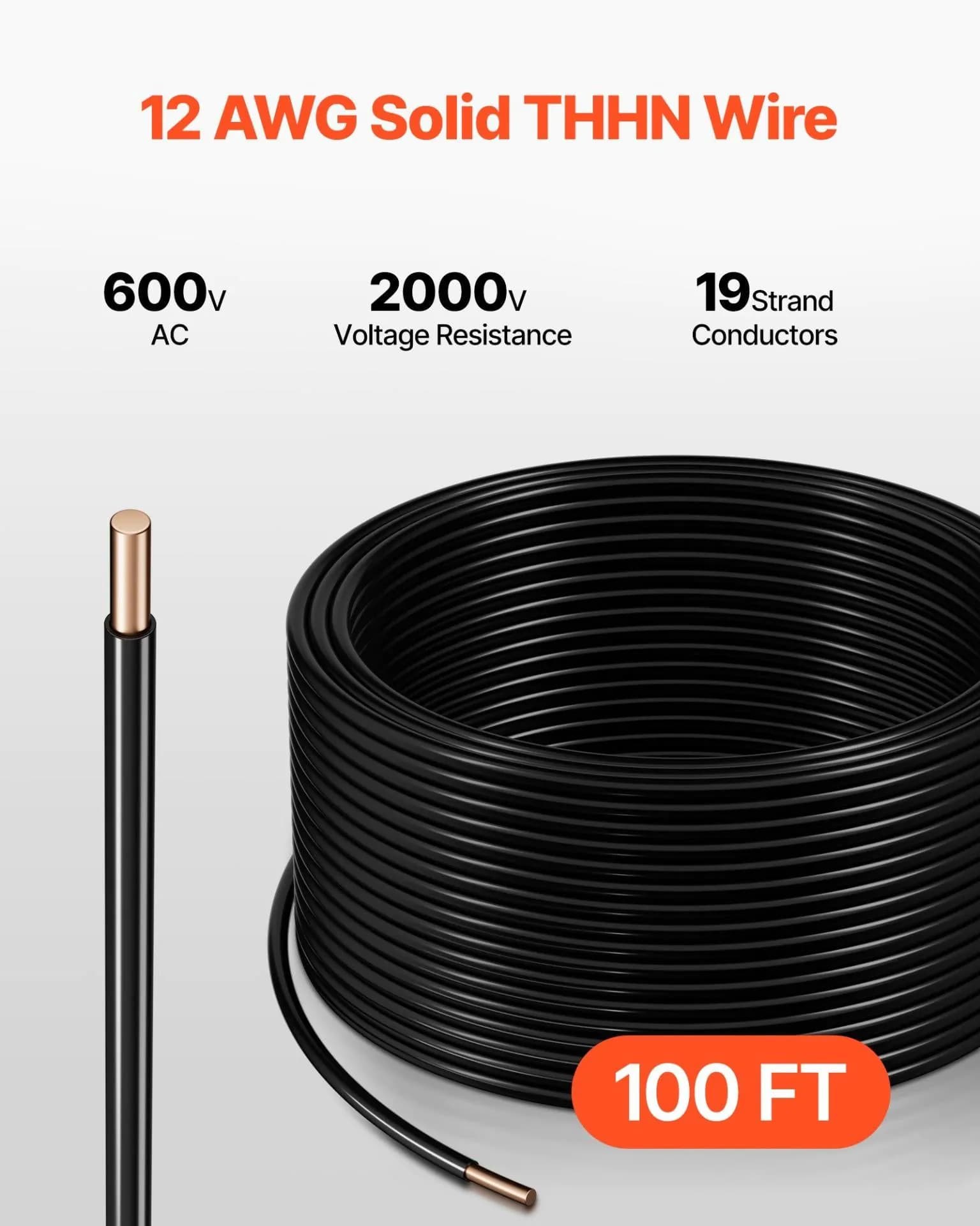 image-VEVOR 12 AWG Solid THHN Wire, 100% OFC Copper Electrical Building Wire with Nylon Jacket PVC Insulation, Rated for Up to 600 Volts, Heavy-Duty for Residential, Industrial, Commercial, Black (100 Feet)