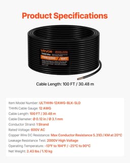 image-VEVOR 12 AWG Solid THHN Wire, 100% OFC Copper Electrical Building Wire with Nylon Jacket PVC Insulation, Rated for Up to 600 Volts, Heavy-Duty for Residential, Industrial, Commercial, Black (100 Feet)