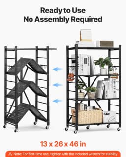 image-VEVOR 4-Tier Foldable Storage Shelf, 26W x 13D x 46H Inch Folding Metal Rack Shelving Unit, No Assembly Organizer Shelf with 5 Wheels & 4 Hooks for Pantry, Kitchen, Garage, Basement, Black