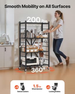 image-VEVOR 4-Tier Foldable Storage Shelf, 26W x 13D x 46H Inch Folding Metal Rack Shelving Unit, No Assembly Organizer Shelf with 5 Wheels & 4 Hooks for Pantry, Kitchen, Garage, Basement, Black