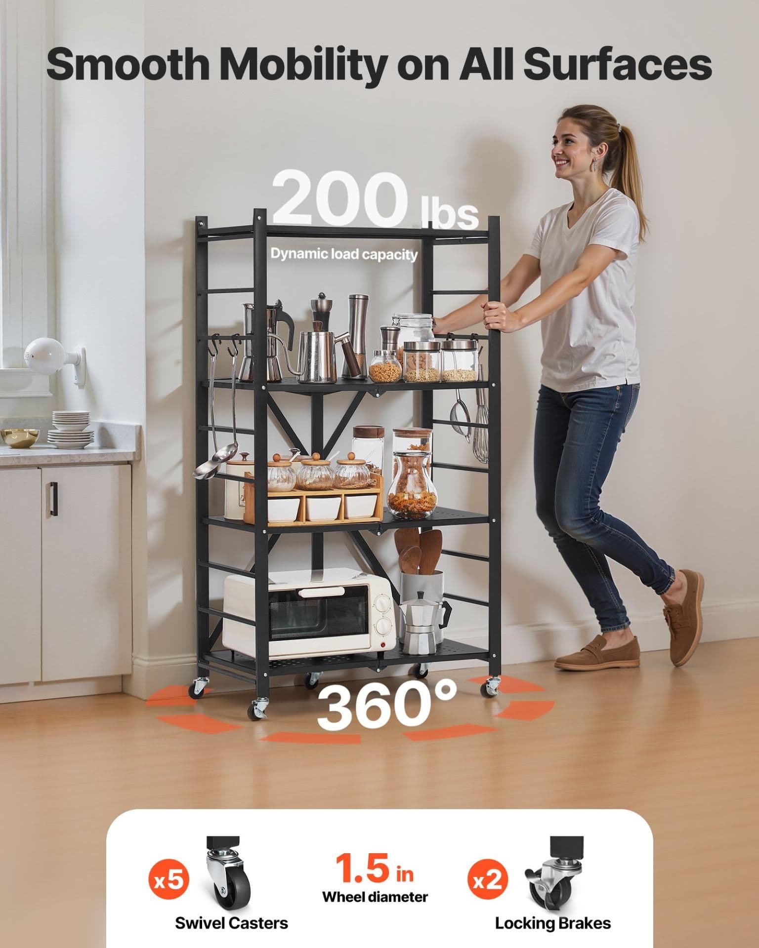 image-VEVOR 4-Tier Foldable Storage Shelf, 26W x 13D x 46H Inch Folding Metal Rack Shelving Unit, No Assembly Organizer Shelf with 5 Wheels & 4 Hooks for Pantry, Kitchen, Garage, Basement, Black
