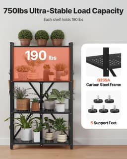 image-VEVOR 4-Tier Foldable Storage Shelf, 26W x 13D x 46H Inch Folding Metal Rack Shelving Unit, No Assembly Organizer Shelf with 5 Wheels & 4 Hooks for Pantry, Kitchen, Garage, Basement, Black