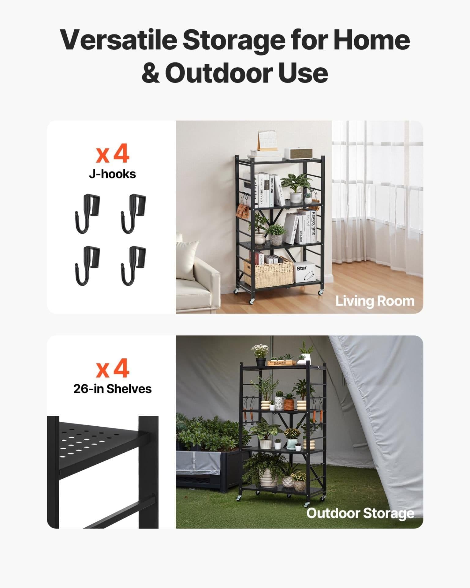 image-VEVOR 4-Tier Foldable Storage Shelf, 26W x 13D x 46H Inch Folding Metal Rack Shelving Unit, No Assembly Organizer Shelf with 5 Wheels & 4 Hooks for Pantry, Kitchen, Garage, Basement, Black