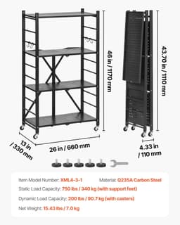 image-VEVOR 4-Tier Foldable Storage Shelf, 26W x 13D x 46H Inch Folding Metal Rack Shelving Unit, No Assembly Organizer Shelf with 5 Wheels & 4 Hooks for Pantry, Kitchen, Garage, Basement, Black