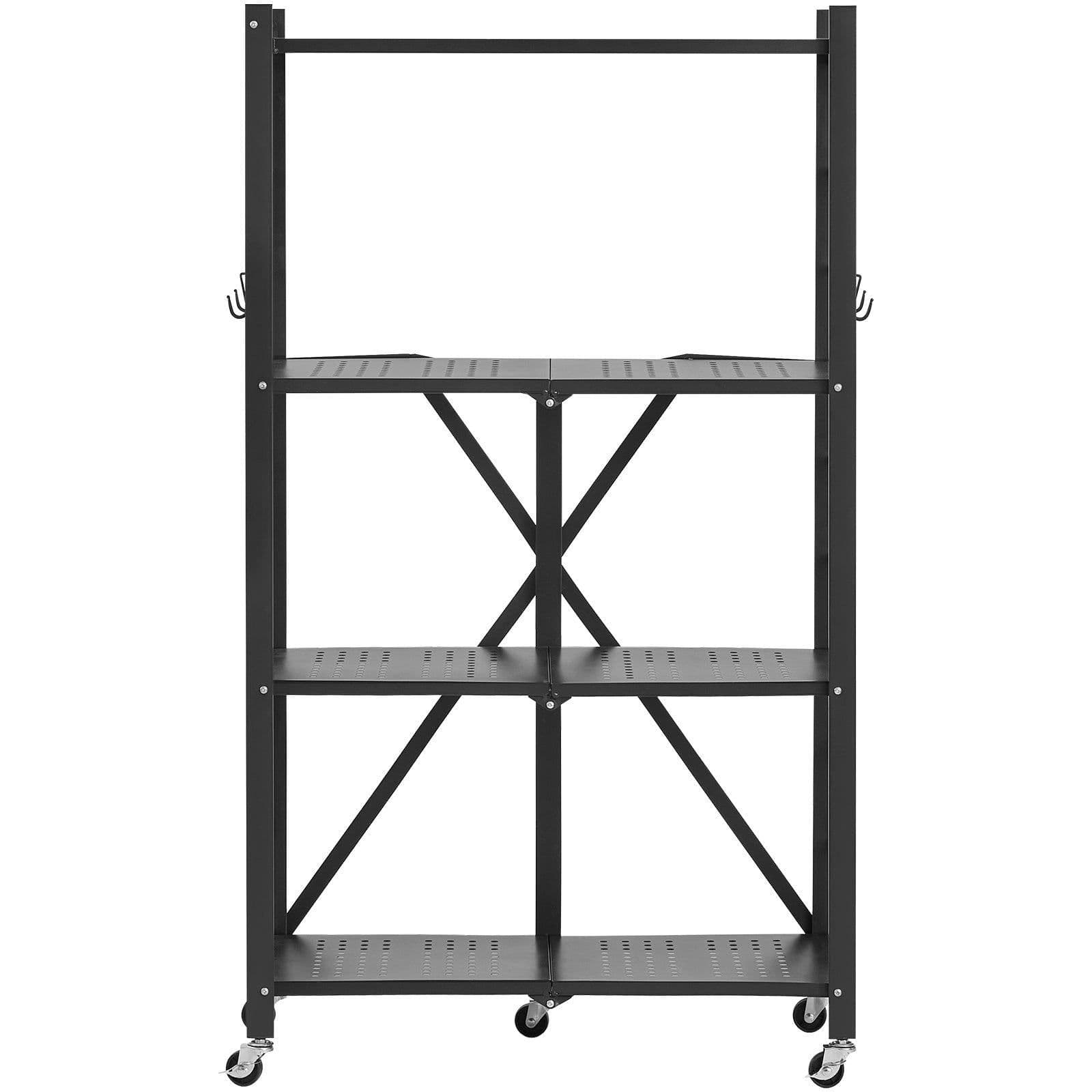 image-VEVOR 4-Tier Foldable Storage Shelf, 26W x 13D x 46H Inch Folding Metal Rack Shelving Unit, No Assembly Organizer Shelf with 5 Wheels & 4 Hooks for Pantry, Kitchen, Garage, Basement, Black