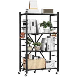 image-VEVOR 4-Tier Foldable Storage Shelf, 26W x 13D x 46H Inch Folding Metal Rack Shelving Unit, No Assembly Organizer Shelf with 5 Wheels & 4 Hooks for Pantry, Kitchen, Garage, Basement, Black