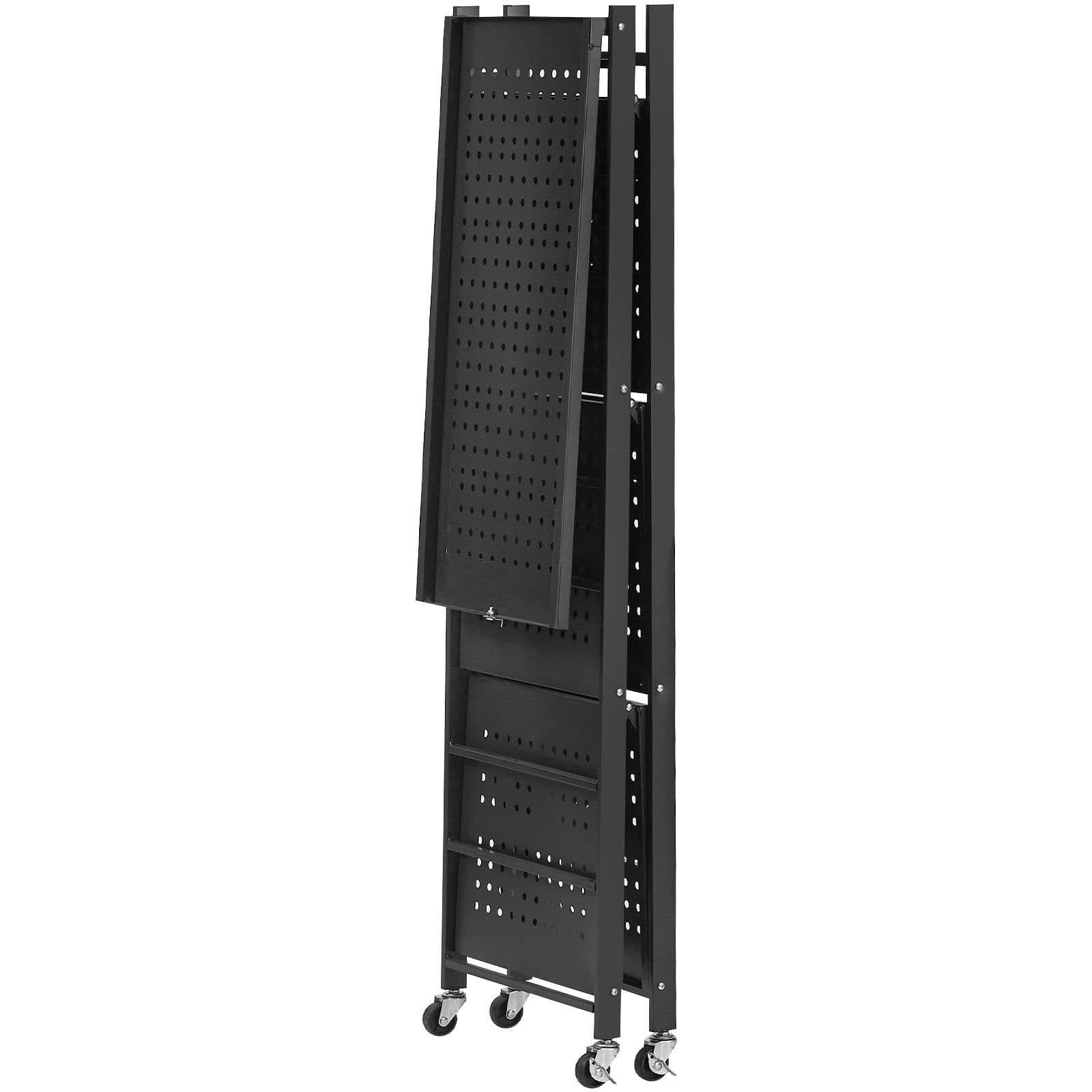 image-VEVOR 4-Tier Foldable Storage Shelf, 26W x 13D x 46H Inch Folding Metal Rack Shelving Unit, No Assembly Organizer Shelf with 5 Wheels & 4 Hooks for Pantry, Kitchen, Garage, Basement, Black