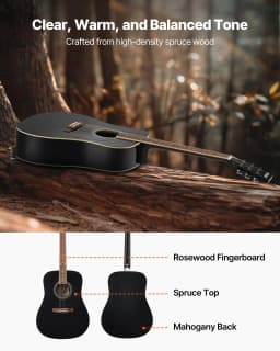 image-VEVOR Dreadnought Acoustic Guitar, 41 in, 6-String Black Solid Spruce Top Guitar, Beginner Bundle with Gig Bag, Tuner, Strap, Steel Strings, Picks, Capo, Rosewood Fingerboard, for Adult Taller Player