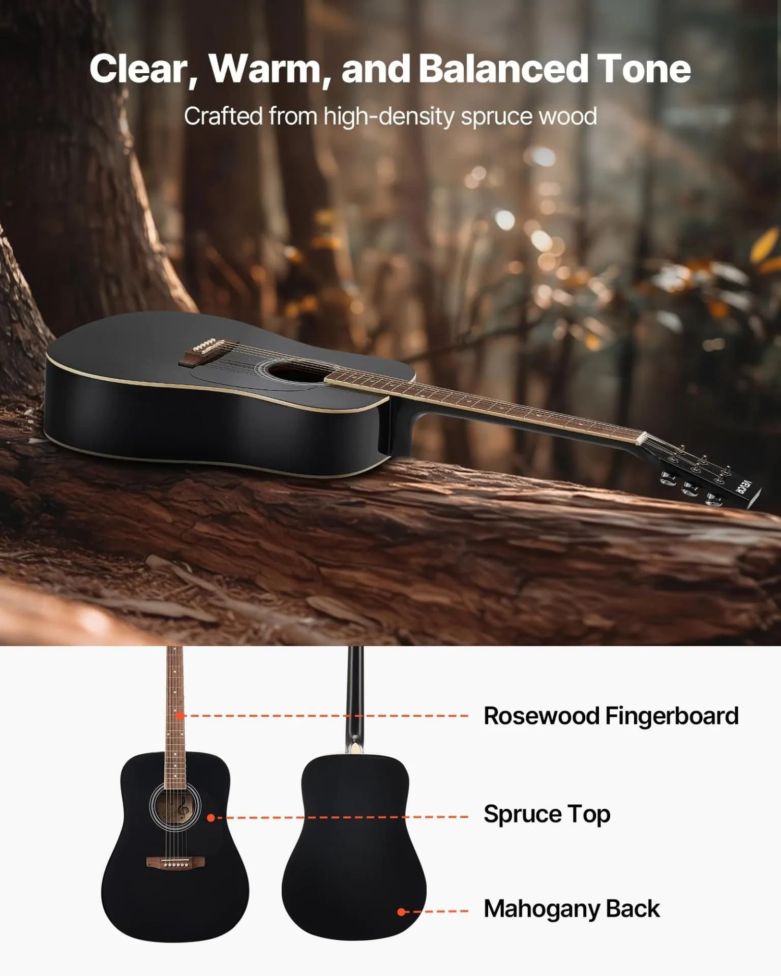 image-VEVOR Dreadnought Acoustic Guitar, 41 in, 6-String Black Solid Spruce Top Guitar, Beginner Bundle with Gig Bag, Tuner, Strap, Steel Strings, Picks, Capo, Rosewood Fingerboard, for Adult Taller Player