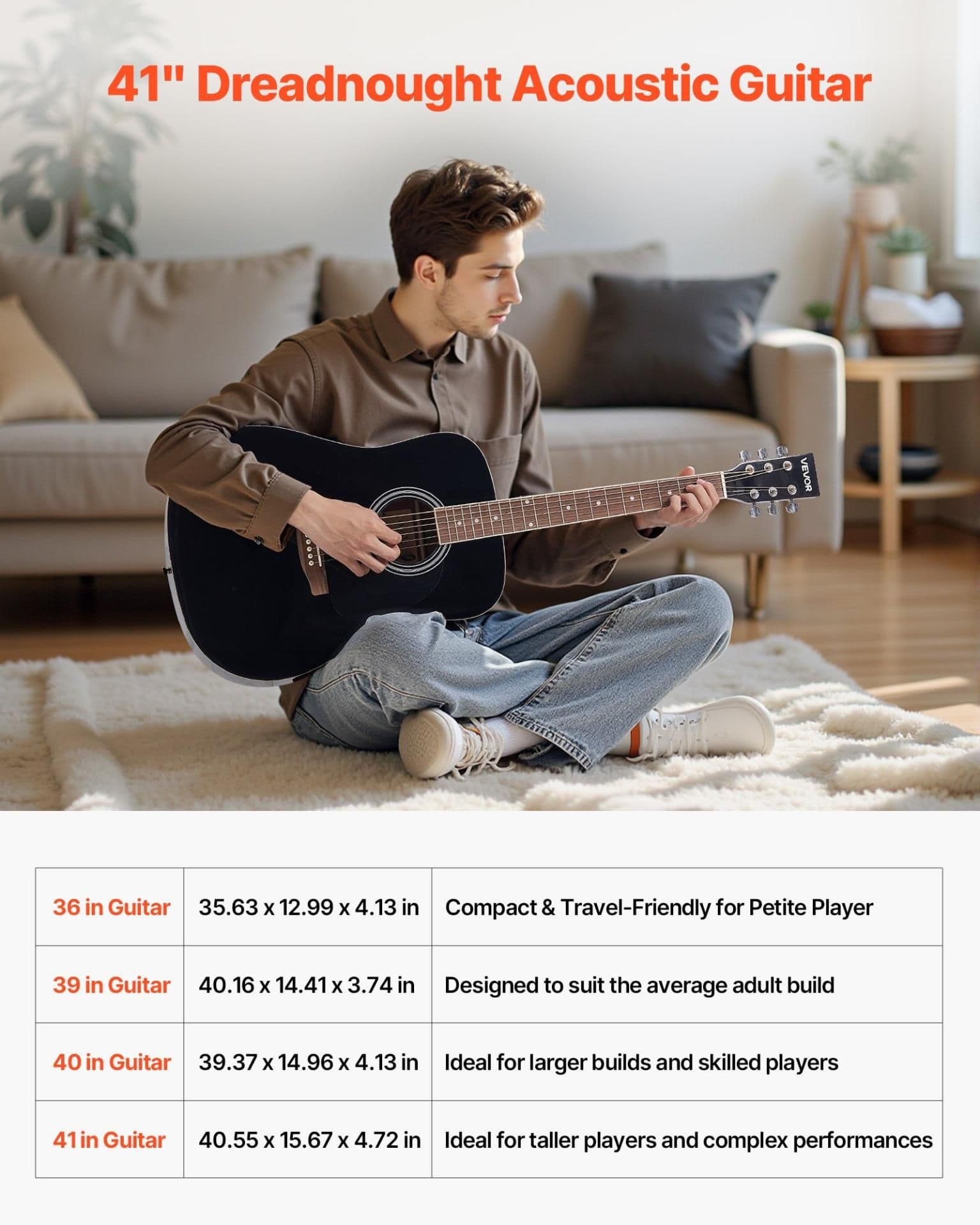 image-VEVOR Dreadnought Acoustic Guitar, 41 in, 6-String Black Solid Spruce Top Guitar, Beginner Bundle with Gig Bag, Tuner, Strap, Steel Strings, Picks, Capo, Rosewood Fingerboard, for Adult Taller Player